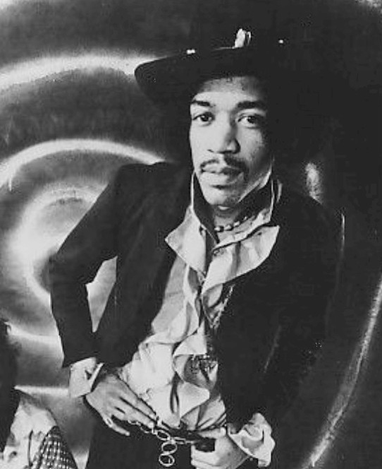 Black and white photography of Jimi Hendrix.