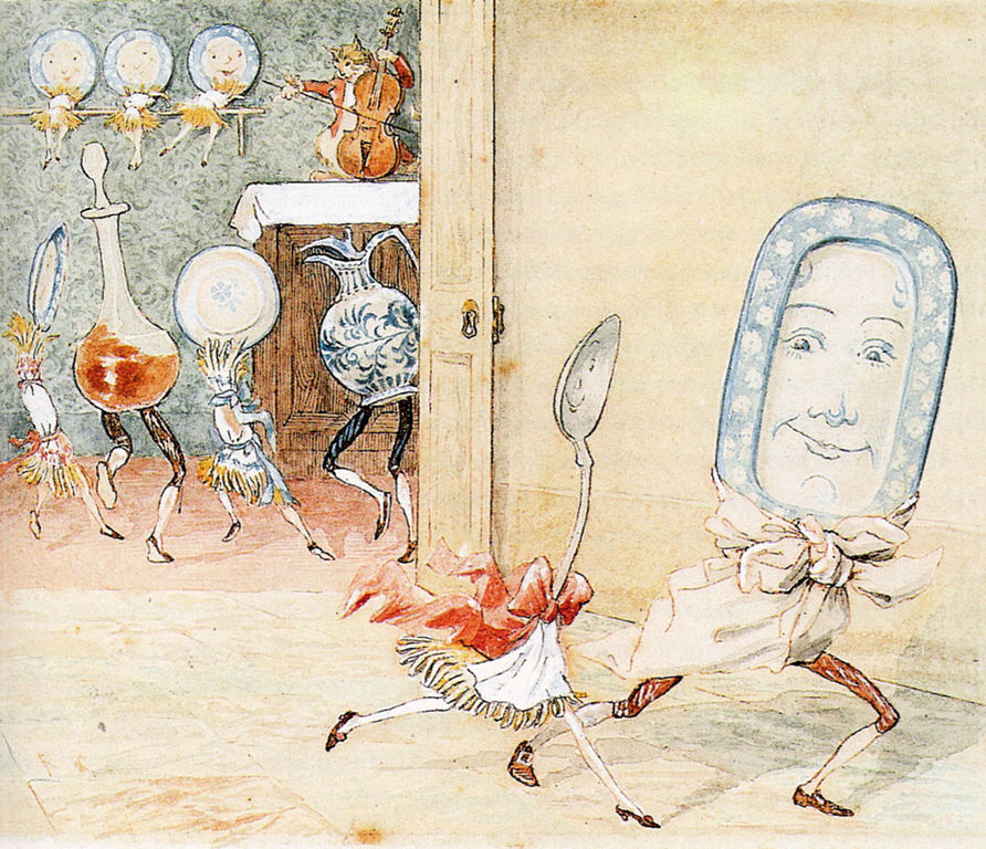 19th century illustration from a children's book showing anthropomorphized spoon and dish running out of a room where a fiddle playing cat is playing to dancing crockery. 
