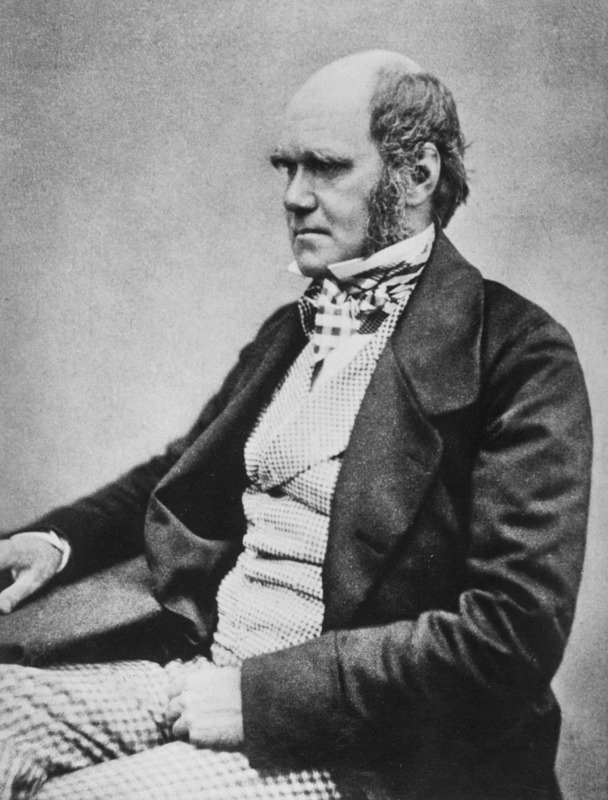 Black and wihte photo of Charles Darwin, seated, facing to the left