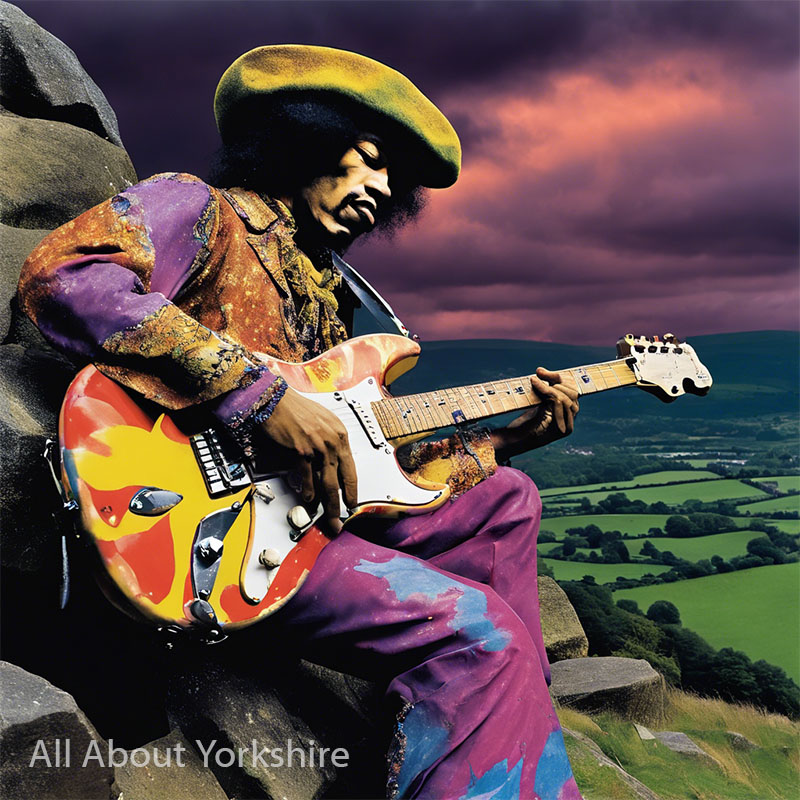 A computer generated image imagining Jimi Hendrix in psychedelic clothes playing guitar, sitting on rocks overlooking a dale below.